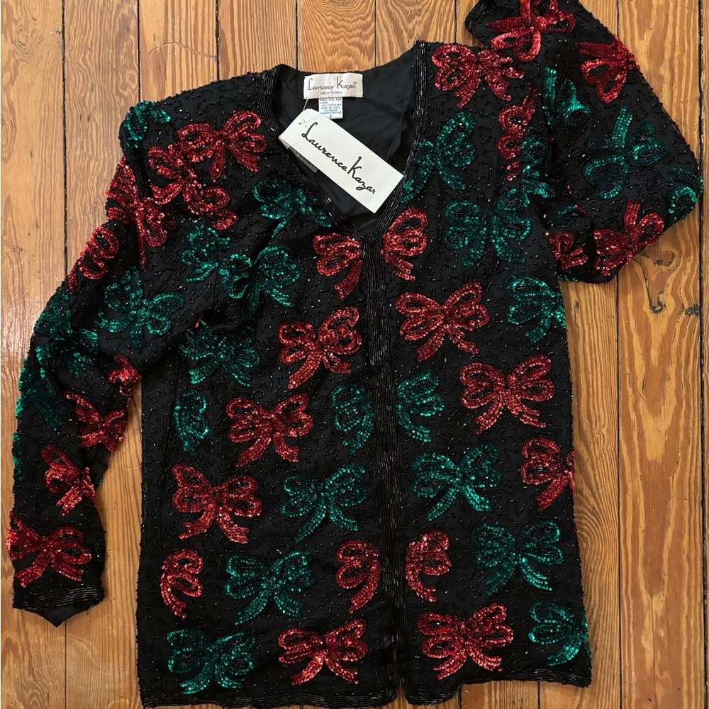 NWT Laurence Kazar! Vintage Silk Sequin Bow Cardigan
